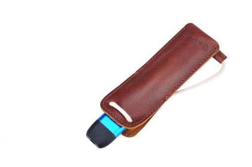 A Blue KiwiPod vape device in a Leather pouch